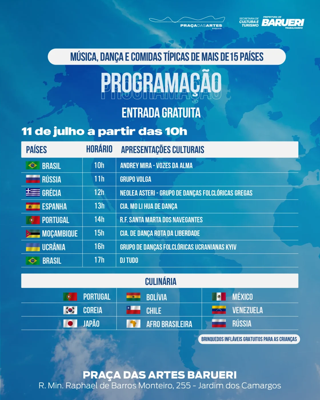 Folder da programação do dia 11 de julho de 2026, da festa das nações com fundo azul e mapa mundi