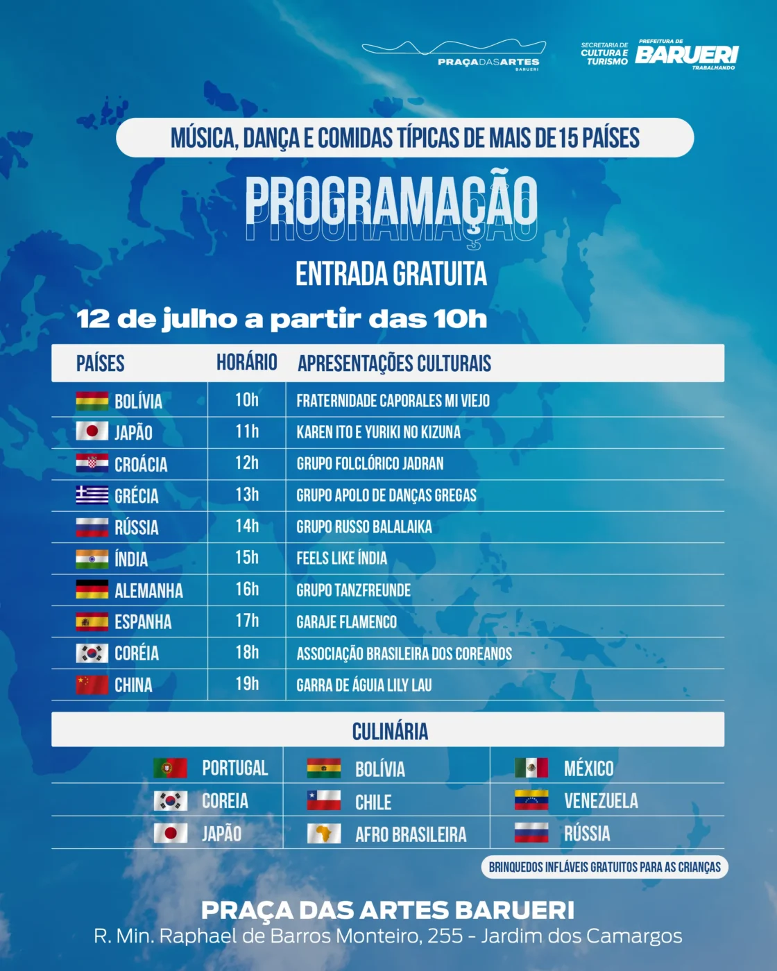 Folder da programação do dia 12 de julho de 2026, da festa das nações com fundo azul e mapa mundi