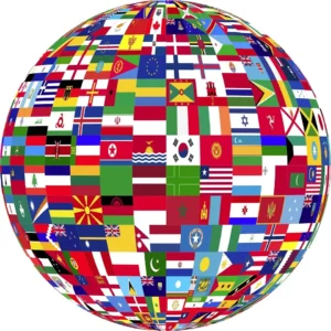 Mapa mundi com bandeiras de todos os países