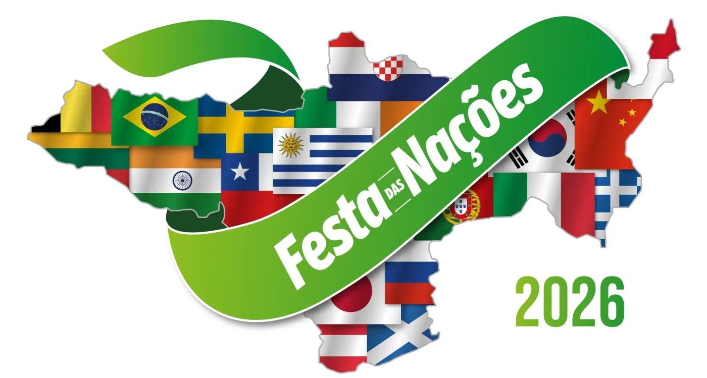 Banner da festa das nações com o mapa do Brasil, onde os Estados tem uma bandeira como território